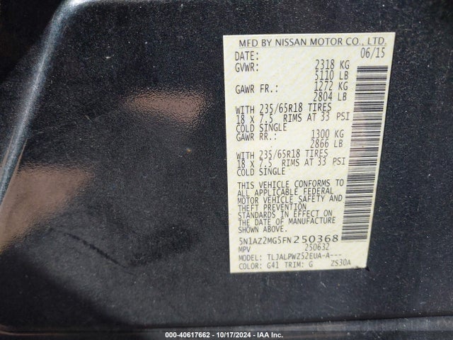 Nissan MURANO S 2015 5N1AZ2MG5FN250368 Image 9