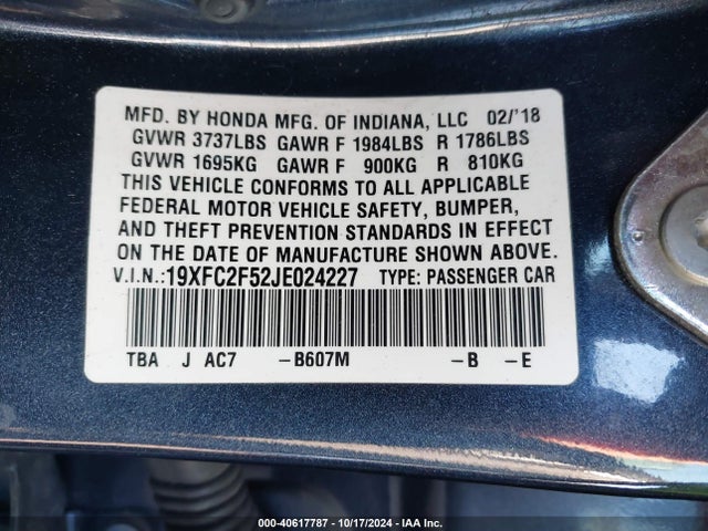 Honda Civic Lx 2018 19XFC2F52JE024227 Image 9