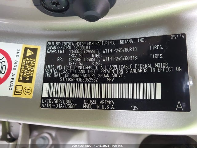 Toyota Highlander Xle V6 2014 5TDJKRFH3ES052582 Image 9