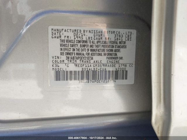 3N1AB7AP0EY218734 Nissan Sentra Fe+ S/fe+ Sv/s/sl/sr/sv