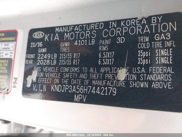 KIA SOUL + 2017 KNDJP3A56H7442179 Image 9