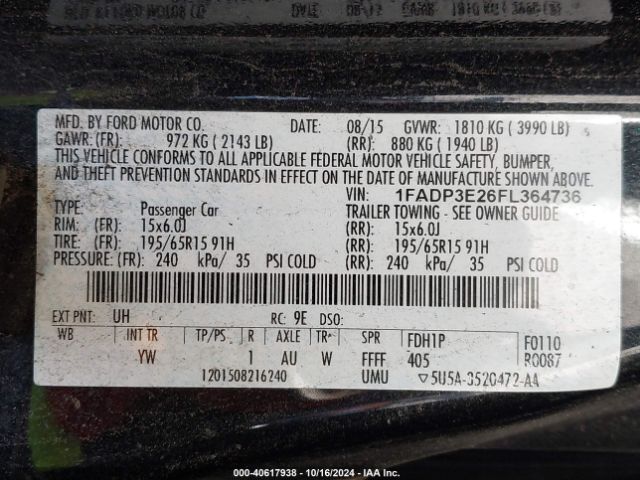 1FADP3E26FL364736 Ford FOCUS S
