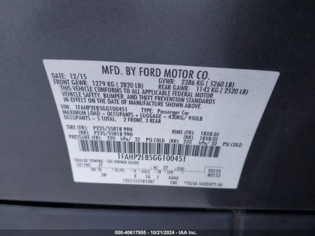 1FAHP2E85GG100451 Ford TAURUS SEL