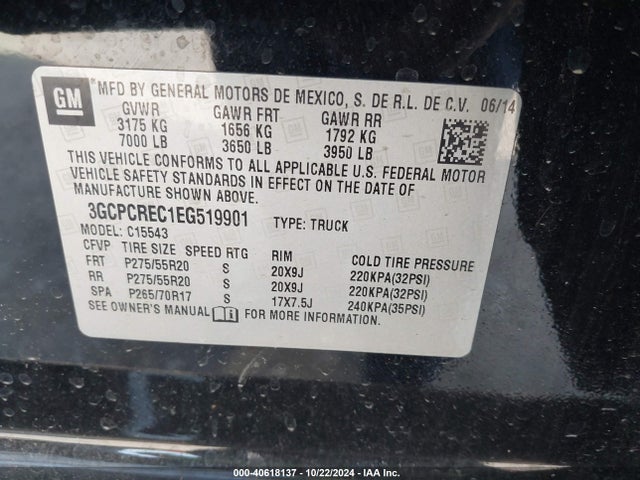 3GCPCREC1EG519901 Chevrolet Silverado 1500 1lt