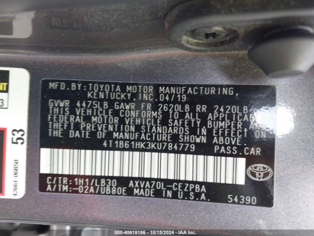 4T1B61HK3KU784779 Toyota CAMRY XSE