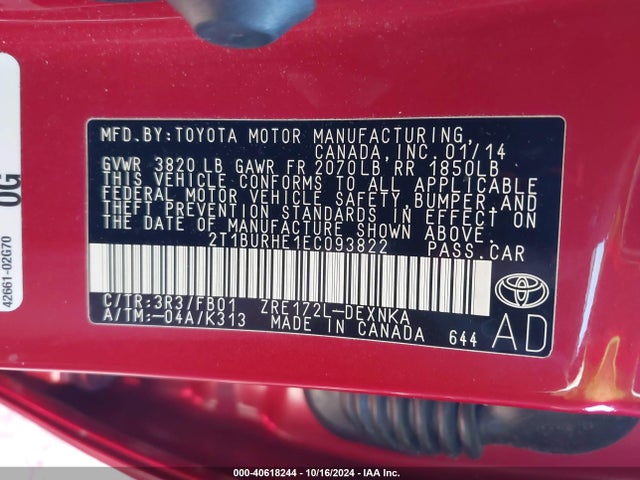 Toyota COROLLA LE 2014 2T1BURHE1EC093822 Image 9