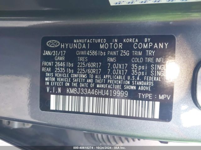 KM8J33A46HU419999 Hyundai Tucson Se Plus