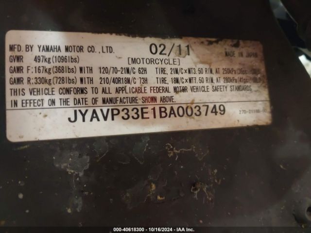 2011 YAMAHA XVS1300 JYAVP33E1BA003749 Photo 9
