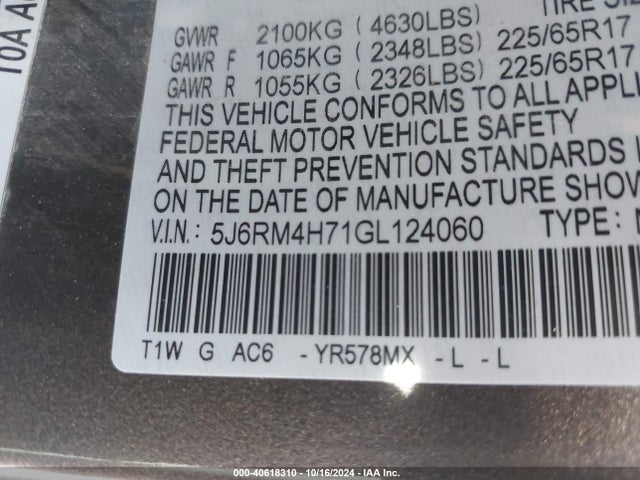 Honda Cr-v Ex-l 2016 5J6RM4H71GL124060 Image 9