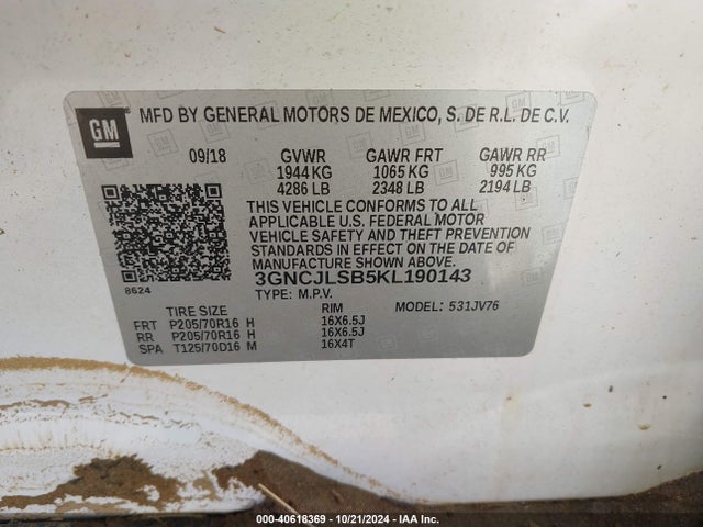 Chevrolet Trax Lt 2019 3GNCJLSB5KL190143 Image 9