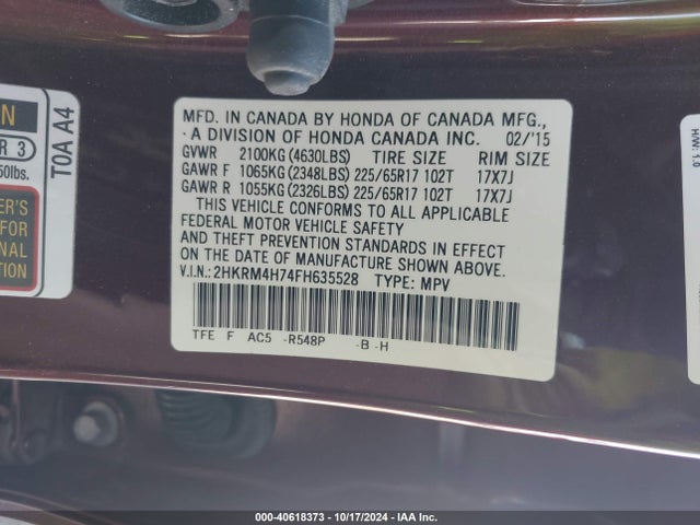 Honda Cr-v Ex-l 2015 2HKRM4H74FH635528 Image 9