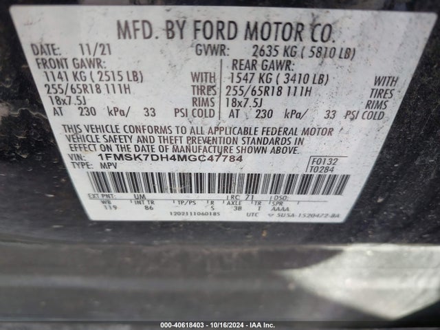 Ford EXPLORER XLT 2021 1FMSK7DH4MGC47784 Image 9