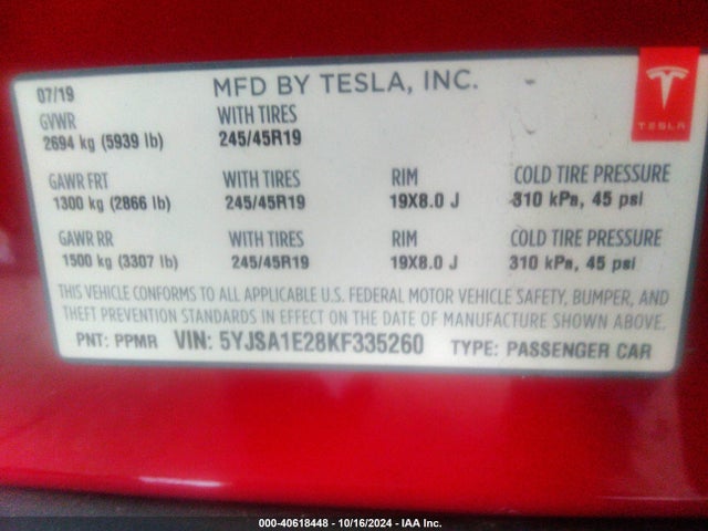 2019 TESLA MODEL S 5YJSA1E28KF335260 Photo 8