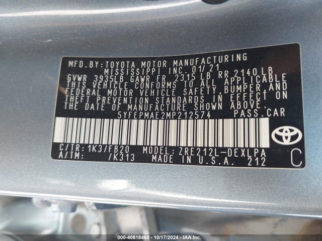 Toyota COROLLA LE 2021 5YFEPMAE2MP212574 Image 9