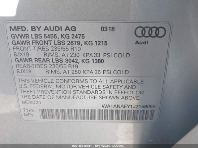 WA1ANAFY1J2156055 Audi Q5 2.0t Premium/2.0t Tech Premium