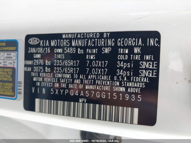 5XYPG4A57GG151935 KIA Sorento 3.3l Lx