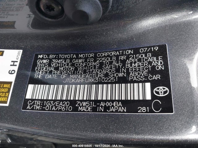 Toyota PRIUS XLE 2019 JTDKARFUXK3102251 Image 9