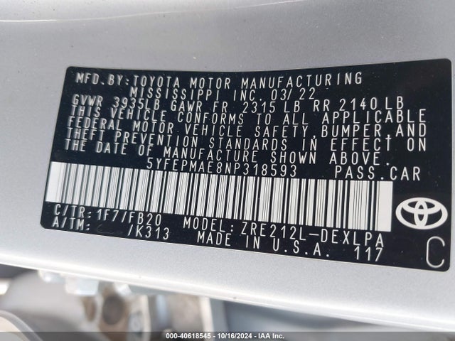 Toyota COROLLA LE 2022 5YFEPMAE8NP318593 Image 9