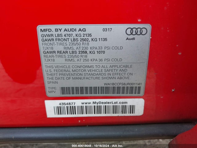WA1BCCFS8JR001141 Audi Q3 2.0t Premium/2.0t Sport Premium