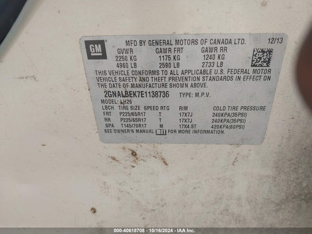 Chevrolet EQUINOX 1LT 2014 2GNALBEK7E1138736 Image 9