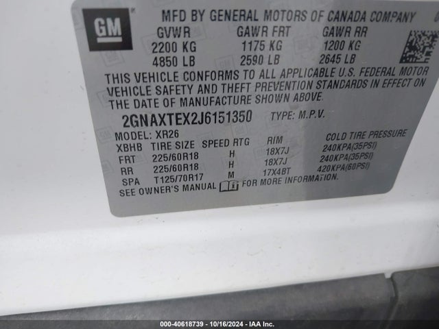 Chevrolet EQUINOX LT 2018 2GNAXTEX2J6151350 Image 9