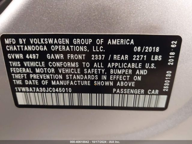 1VWBA7A30JC045010 Volkswagen Passat 2.0t Se