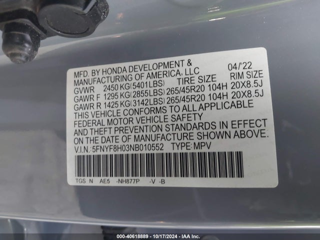 Honda Passport Awd Elite 2022 5FNYF8H03NB010552 Image 9