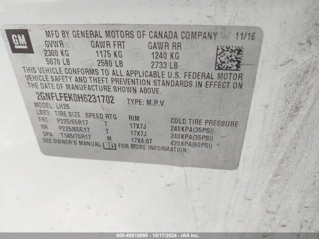 Chevrolet EQUINOX LT 2017 2GNFLFEK0H6231702 Image 9