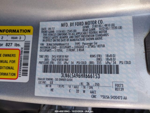 3LN6L5A96HR666153 Lincoln Mkz Premiere