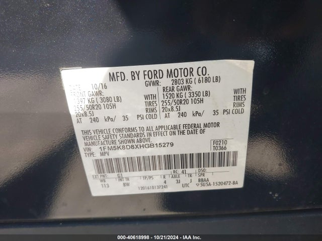 Ford EXPLORER XLT 2017 1FM5K8D8XHGB15279 Image 9