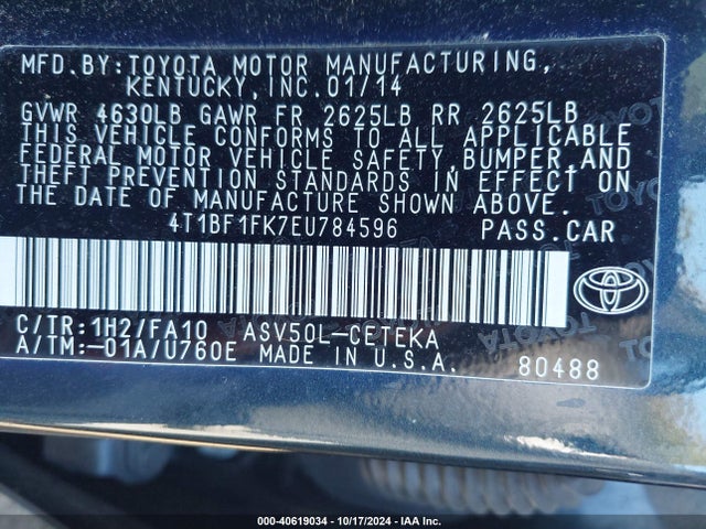 4T1BF1FK7EU784596 Toyota CAMRY L