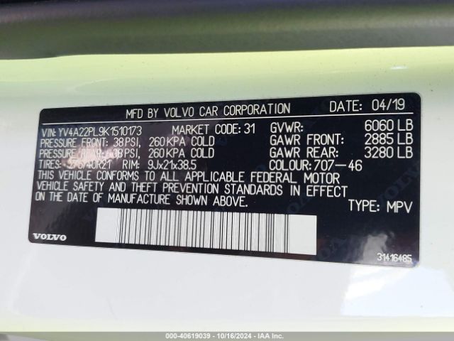 YV4A22PL9K1510173 Volvo Xc90 T6 Inscription