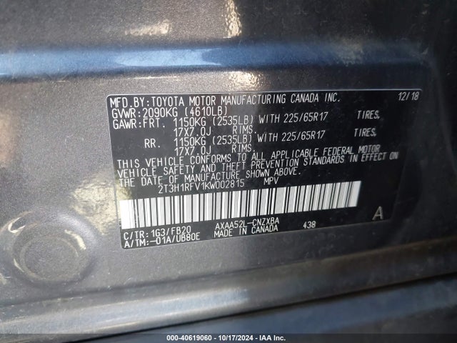 Toyota RAV4 LE 2019 2T3H1RFV1KW002815 Image 9