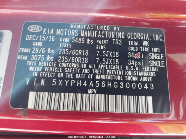 5XYPH4A56HG300043 KIA Sorento 3.3l Ex