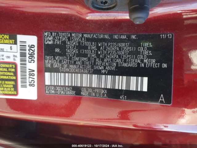 5TDYK3DC4ES438737 Toyota Sienna Xle V6 8 Passenger