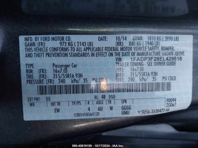 Ford FOCUS SE 2014 1FADP3F28EL429518 Image 9