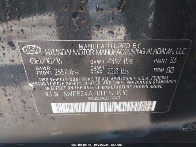 Hyundai SONATA SE 2017 5NPE24AF0HH511510 Image 9