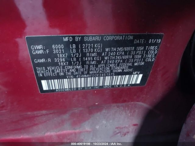 4S4WMAFD2K3451975 Subaru Ascent Premium