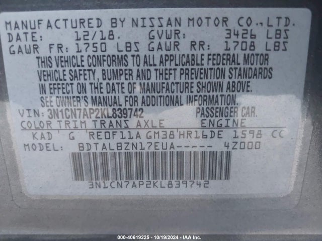 Nissan Versa 1.6 Sv 2019 3N1CN7AP2KL839742 Image 9