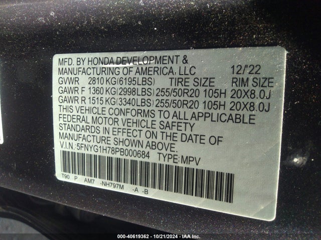 Honda Pilot Awd Touring 2023 5FNYG1H78PB000684 Image 9