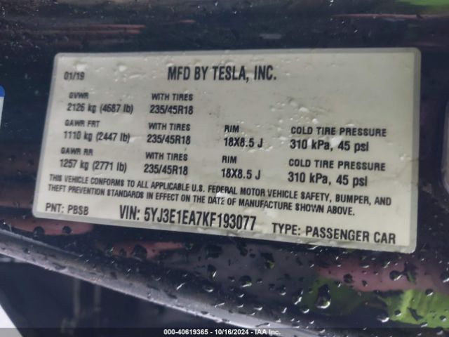 5YJ3E1EA7KF193077 Tesla Model 3 Long Range/mid Range/standard Range/standard Range Plus