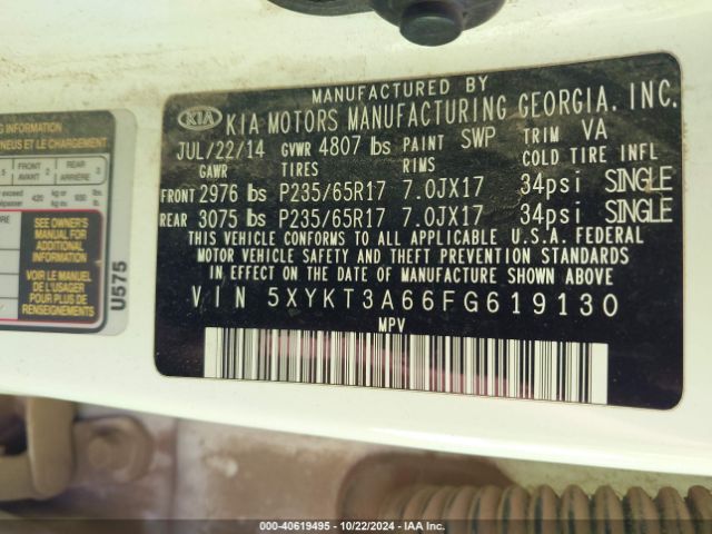 5XYKT3A66FG619130 KIA SORENTO LX