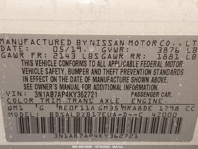 Nissan SENTRA SV 2019 3N1AB7AP4KY362721 Image 9