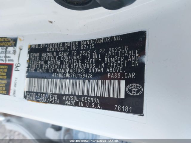 4T1BD1FK7FU159428 Toyota Camry Hybrid Le