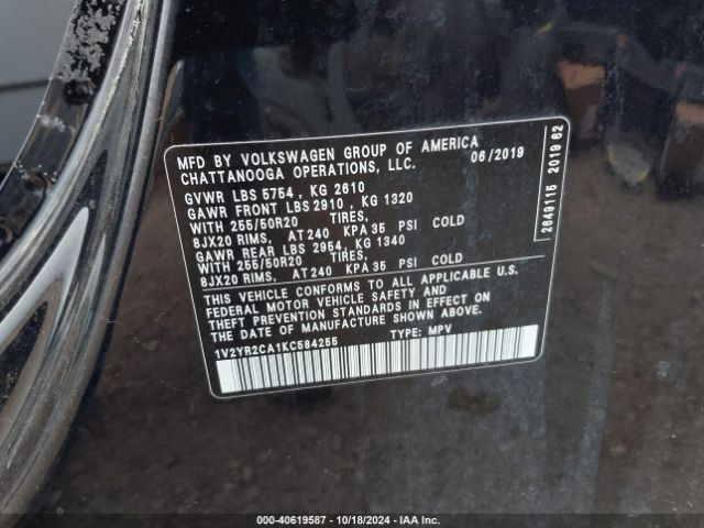 1V2YR2CA1KC584255 Volkswagen Atlas 3.6l V6 Se W/technology R-line