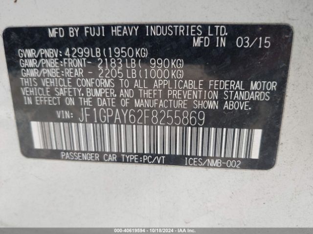 JF1GPAY62F8255869 Subaru Impreza 2.0i Sport Premium