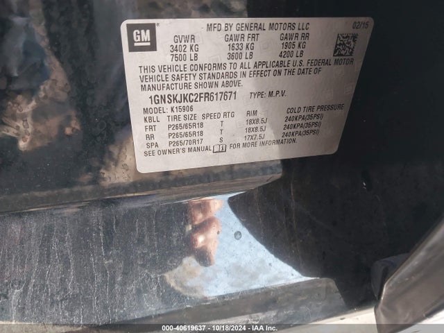 Chevrolet Suburban 1500 Lt 2015 1GNSKJKC2FR617671 Image 9