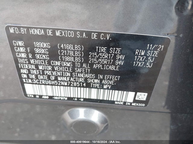 Honda Hr-v Awd Ex 2022 3CZRU6H52NM728514 Image 9