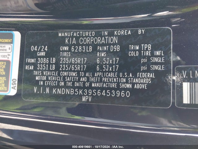 KNDNB5K39S6453960 KIA Carnival Mpv Lxs