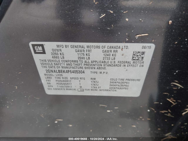 Chevrolet EQUINOX 1LT 2015 2GNALBEK4F6405304 Image 9
